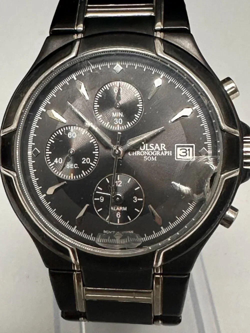Pulsar Chronograph Mens Watch 38mm Damaged Crystal YM62-X144 New Battery 7.25